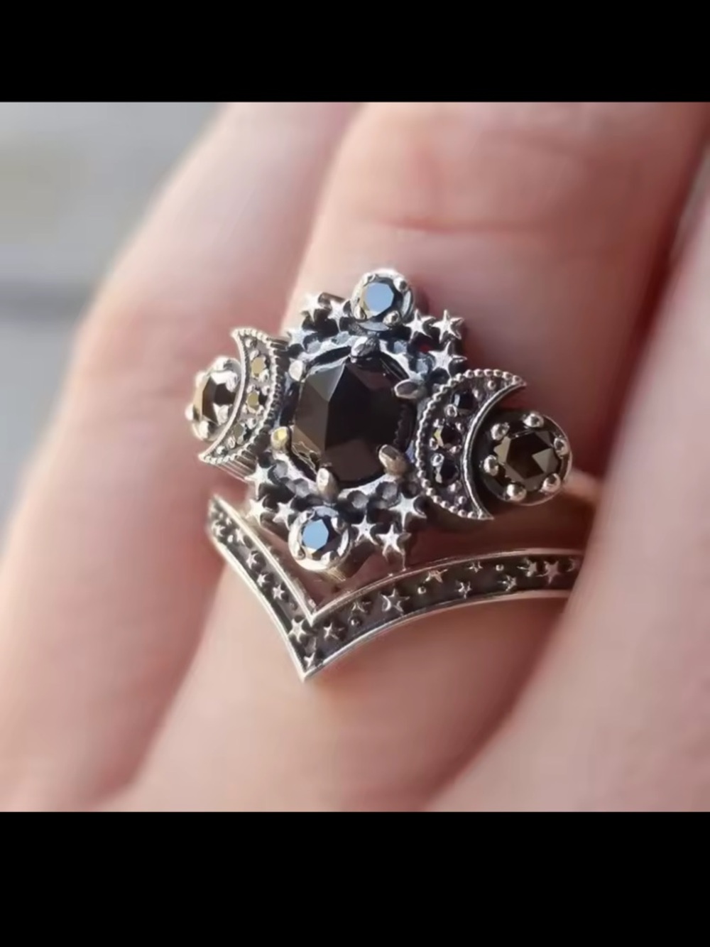 Sterling Silver Black Stone Celestial Ring Set
